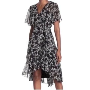 NEW Calvin Klein Flutter Sleeve Dress Chiffon Ruffle Hem Black White Size 4